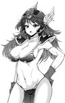  :o armor bikini_armor blush breasts cleavage collarbone dragon_quest dragon_quest_iii gloves greyscale groin hand_on_hip helmet ippongui large_breasts long_hair monochrome navel simple_background soldier_(dq3) solo v-shaped_eyebrows white_background winged_helmet 