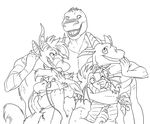 alien dragon eyewear eyrich four_arms glasses horn hug iceman icy icy_(character) lizard male monochrome multi_limb multiple_arms naerian nalz plain_background reptile saruuk scalie schism spikes thecrazydragon white_background 