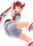  armpits arms_up bad_id bad_pixiv_id bike_shorts blush boomerang brown_hair hat isshiki_akane looking_at_viewer open_mouth palette_suit red_hair short_hair skirt solo twintails vividred_operation zinzen 