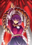  cowboy_shot jonylaser purple_hair red_eyes rope shimenawa short_hair smirk solo touhou yasaka_kanako 