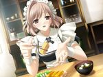  apron brown_eyes brown_hair cabinet chopsticks cup dish food glass maid maid_headdress miso_soup nogisaka_motoka omelet open_mouth short_hair sitting smile solo suzuhira_hiro table tamagoyaki vegetable yosuga_no_sora 