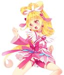  aida_mana angry bike_shorts blonde_hair bow clenched_hands cure_heart dokidoki!_precure eyelashes hair_ornament hairpin half_updo heart heart_hair_ornament long_hair magical_girl mvv open_mouth pink_bow pink_eyes pink_sleeves ponytail precure ribbon skirt solo torn_clothes white_background 