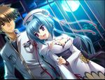  1boy 1girl blue_hair breasts brown_eyes brown_hair chouun cleavage couple game_cg hongou_kazuto indoors koihime_musou moon moonlight purple_eyes school_uniform sky 