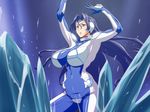  1girl arms_up blue_eyes blue_hair bodysuit breasts chouhei_hajoku highres huge_breasts ice inja_no_kuruwa large_breasts long_hair looking_away magic open_mouth pose posing serious simple_background solo standing 