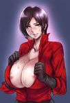  ada_wong areola_slip areolae black_hair blush breasts breath cleavage gloves huge_breasts lips no_bra popped_collar purple_background resident_evil resident_evil_6 sgk short_hair solo sweat unbuttoned undressing 