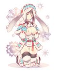  belt black_legwear blush boots breasts breasts_outside brown_hair domotolain hat kneeling lagombi_(armor) large_breasts monster_hunter nipples pussy red_eyes short_hair snowflakes solo thighhighs 
