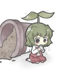  ascot bad_id bad_pixiv_id chibi eating flower green_hair kazami_yuuka leaf long_sleeves looking_at_viewer minigirl plaid plant pot red_eyes seed short_hair sitting solo sprout sprout_on_head touhou yuasan 