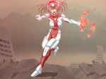  1girl angry bodysuit breasts chouhei_hajoku fire highres inja_no_kuruwa long_hair looking_at_viewer magic medium_breasts open_mouth ponytail pose posing red_eyes red_hair shadow simple_background sky solo standing 