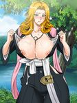  areolae beauty_mark bleach blonde_hair blush breasts breasts_outside chains cum cum_on_body cum_on_breasts cum_on_clothes cum_on_upper_body gaden highres large_breasts long_hair matsumoto_rangiku mole nipples open_clothes 