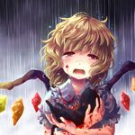  blood blood_on_face bloody_clothes bloody_hands blush cat crying crying_with_eyes_open dead_animal fangs flandre_scarlet niichi_(komorebi-palette) no_hat no_headwear open_mouth puffy_sleeves rain red_eyes shirt short_sleeves solo tears touhou wings 