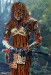  body_markings brown_hair costume feline female forest forrest hair japanese_armor katana long_hair looking_at_viewer mammal markings real stripes sword tiger tree weapon whiskers worth1000 
