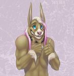  biceps big_muscles blue_eyes canine clydesdale equine fur hair horse hybrid kyma looking_at_viewer male mammal meade mohawk muscles pink_hair pointy_ears smile solo thumbs_up wolf 
