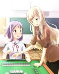  blonde_hair blush green_eyes himematsu_school_uniform kamo_(rsrk) long_hair mahjong mahjong_tile multiple_girls purple_eyes purple_hair saki sitting smile suehara_kyouko zenno_(saki) 