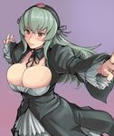  areola_slip areolae breasts bursting_breasts cleavage detached_collar dress grey_hair headdress large_breasts lips long_hair outstretched_arms purple_background red_eyes rozen_maiden simple_background smile solo spread_arms suigintou tsuda_nanafushi 