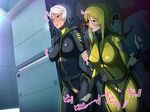  2boys 2girls blonde_hair bodysuit censored crotchless crotchless_clothes exhibitionism from_behind highres mori_yuki multiple_boys multiple_girls pink_doragon pink_dragon public silver_hair uchuu_senkan_yamato uchuu_senkan_yamato_2199 yamamoto_akira 