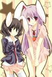  animal_ears bad_id bad_pixiv_id black_hair bunny_ears cosplay costume_switch covering covering_crotch inaba_tewi kinoko long_hair multiple_girls oversized_clothes purple_hair reisen_udongein_inaba short_hair skirt skirt_tug socks touhou undersized_clothes 