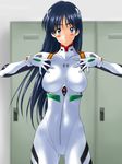  ayanami_rei ayanami_rei_(cosplay) blue_eyes blue_hair blush bodysuit breasts cosplay highres kamia_(not_found) large_breasts locker locker_room long_hair neon_genesis_evangelion original plugsuit skin_tight solo white_bodysuit yukino_sayuri 