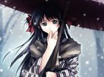  black_hair cartagra game_cg green_eyes hakama japanese_clothes kouzuki_kazuna long_hair meiji_schoolgirl_uniform non-web_source oriental_umbrella snow solo sugina_miki umbrella yagasuri 