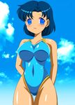  bishoujo_senshi_sailor_moon blue blue_eyes blue_hair blue_swimsuit blush cloud competition_swimsuit day earrings jewelry mizuno_ami one-piece_swimsuit pirochi short_hair sky solo swimsuit thigh_gap 
