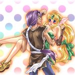  1girl blonde_hair blue_eyes blush bow breasts carrying cleavage couple elbow_gloves fingerless_gloves gloves hair_bow hawkeye helmet hetero long_hair low-tied_long_hair medium_breasts nakamasomo open_mouth polka_dot polka_dot_background princess_carry rainbow_background riesz seiken_densetsu seiken_densetsu_3 surprised very_long_hair winged_helmet 