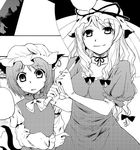  animal_ears blank_speech_bubble cat_ears cat_tail chen earrings elbow_gloves gloves greyscale hair_ribbon hat jewelry long_hair monochrome multiple_girls multiple_tails ribbon short_hair smile speech_bubble tail touhou yakumo_yukari yuu_(kfc) 