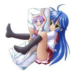  :3 ahoge blue_eyes blue_hair blush dakimakura_(object) green_eyes hiiragi_kagami hug implied_yuri izumi_konata kneehighs long_hair lucky_star mole mole_under_eye narurun_(final123) pillow purple_hair ryouou_school_uniform school_uniform serafuku socks solo 