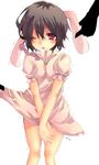  animal_ears bad_id bad_pixiv_id black_hair blush bunny_ears carrot covering covering_crotch dress dress_lift flat_chest inaba_tewi one_eye_closed open_mouth pink_eyes pochi-t poking short_hair solo tears touhou trembling 