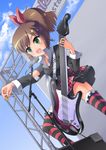  bad_id bad_pixiv_id brown_hair electric_guitar green_eyes guitar hair_ornament hair_ribbon hairclip highres instrument morujii original panties pantyshot ponytail ribbon skirt solo striped striped_legwear thighhighs underwear 