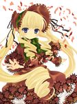  blonde_hair blue_eyes bonnet bow dress drill_hair hanabana_tsubomi highres long_hair petals rose_petals rozen_maiden shinku solo very_long_hair 