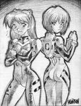  ass ayanami_rei back crossed_arms embarrassed greyscale long_hair looking_back monochrome multiple_girls neon_genesis_evangelion non-web_source plugsuit short_hair sketch souryuu_asuka_langley traditional_media 