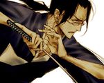  black_hair glasses holding holding_sword holding_weapon japanese_clothes jinnosuke long_hair looking_to_the_side male_focus non-web_source open_mouth samurai_champloo solo sword weapon 