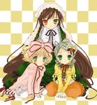  bad_id bad_pixiv_id blonde_hair bow brown_hair dress drill_hair frills green_eyes green_hair hanabana_tsubomi heterochromia highres hina_ichigo kanaria long_hair multiple_girls pink_bow rozen_maiden suiseiseki very_long_hair 