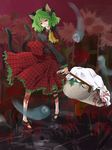  animal_ears antennae ascot bow cat_ears cat_tail corpse death flower fusion green_hair hair_bow highres if_they_mated kaenbyou_rin kazami_yuuka momo-i multiple_tails pigeon-toed plaid plaid_skirt plaid_vest red_eyes ribbon short_hair skirt skirt_set skull solo spider_lily tail touhou vest wheelbarrow wriggle_nightbug 