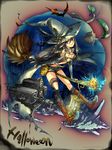  bat black_hair boots broom broom_riding halloween hat kan_satomi original purple_eyes solo witch witch_hat 