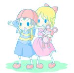  1girl artist_request blonde_hair bow chibi lowres mother_(game) mother_2 ness paula_(mother_2) striped stuffed_animal stuffed_toy 