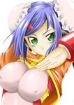  arcana_heart blue_hair breasts bun_cover covered_nipples double_bun green_eyes large_breasts mei-fang sakula short_hair shrug_(clothing) solo 