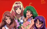  1440x900 4girls beauty_spot blue_eyes blush bouquet catherine_glass earrings fang flower flowers glasses green_eyes green_hair jewelry lipstick macross macross_frontier macross_frontier:_sayonara_no_tsubasa makeup matsuura_nanase multiple_girls official_art pink_hair purple_eyes purple_hair ranka_lee red_eyes sheryl_nome simple_background smile smiling wink 