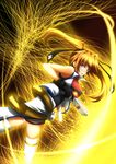  ass bare_shoulders belt blush brown_hair cross_mirage electricity from_behind looking_at_viewer looking_back lyrical_nanoha mahou_shoujo_lyrical_nanoha_strikers red_eyes side_ponytail solo teana_lanster thighhighs white_legwear zettai_ryouiki 