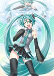  aqua_eyes aqua_hair bad_id bad_pixiv_id detached_sleeves hatsune_miku heppoko_r long_hair microphone necktie one_eye_closed solo thighhighs twintails vocaloid zettai_ryouiki 