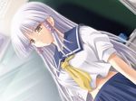  alma_~zutto_soba_ni...~ araragi_madoka dutch_angle game_cg jpeg_artifacts long_hair matra_milan navel non-web_source school_uniform serafuku solo white_hair yellow_eyes 