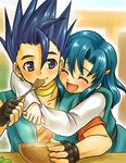  1girl blue_hair blush bowl brother_and_sister demerin dragon_quest dragon_quest_vi eating fingerless_gloves food gloves hero_(dq6) holding holding_spoon hug siblings soup spoon tania 