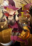  bat_wings blonde_hair boots demon_tail elbow_gloves face gloves halloween jack-o'-lantern kyo_(kuroichigo) long_hair original pointy_ears pumpkin red_eyes scythe sitting solo tail thigh_boots thighhighs trick_or_treat twintails wings 