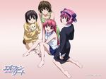  armpits barefoot between_thighs black_hair brown_eyes dog dress elfen_lied feet hairband holding horns kishimoto_seiji kneeling looking_back lucy mayu_(elfen_lied) multiple_girls nana_(elfen_lied) nyuu official_art pink_eyes pink_hair red_eyes short_hair sitting skirt smile sweater wallpaper wanta yuka_(elfen_lied) 