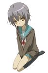  cardigan kita_high_school_uniform kneeling nagato_yuki non-web_source orange_eyes school_uniform serafuku short_hair silver_hair solo suzumiya_haruhi_no_yuuutsu 