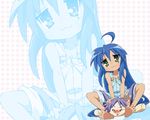  :3 ahoge barefoot blue_hair doll green_eyes izumi_konata long_hair lucky_star mole mole_under_eye non-web_source overall_shorts overalls solo wallpaper zoom_layer 