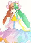  blue_eyes bow brown_eyes brown_hair fusion green_hair hakurei_reimu kasuteru kochiya_sanae long_hair multicolored_hair ribbon solo touhou traditional_media watercolor_(medium) 