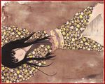  black_hair border copyright_request japanese_clothes kimono long_hair lying red_border solo takano_kou 