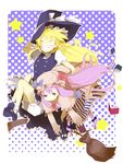  :&lt; :d apron bad_id bad_pixiv_id black_dress blonde_hair broom broom_riding carrying dress expressionless full_body grin hand_on_headwear hat jitome kinari kirisame_marisa looking_at_viewer multiple_girls open_mouth patchouli_knowledge puffy_short_sleeves puffy_sleeves short_sleeves smile teeth touhou w waist_apron witch_hat 