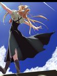  air blonde_hair cloud day from_behind kamio_misuzu letterboxed long_hair nashiro_tsukito outstretched_arms ribbon sky solo spread_arms walking 