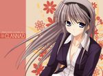  artist_request blue_eyes blush breasts clannad cleavage formal long_hair medium_breasts sakagami_tomoyo silver_hair solo suit very_long_hair wallpaper 